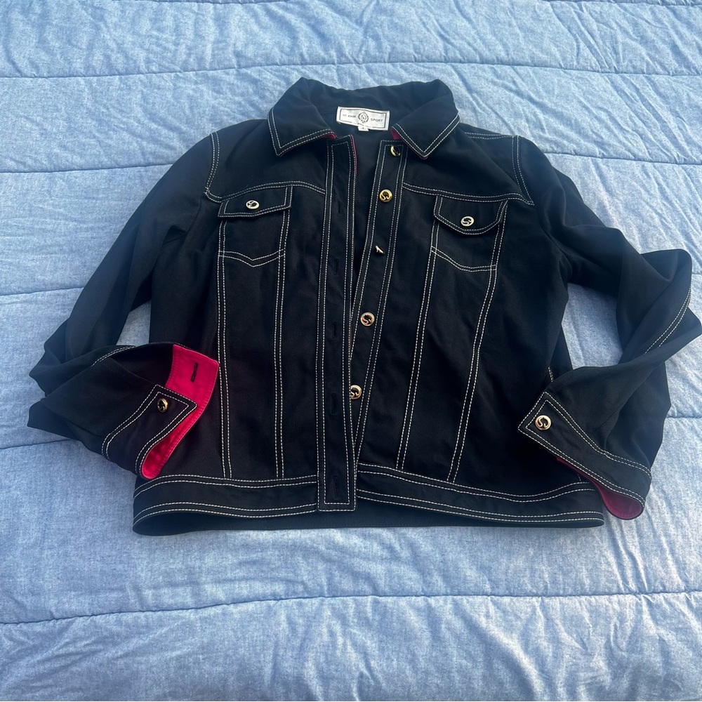 Vintage St. John Sport by Marie Grey Black Denim Jacket w/ Hot Pink Trim Size PS